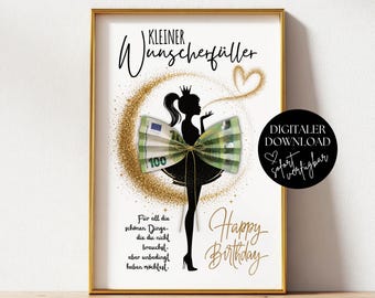 Kreatives Geldgeschenk zum Geburtstag, Druckvorlage Wunscherfüller 18. Geburtstag Mädchen, DIY Geburtstagsgeschenk Geld verpacken für Frauen