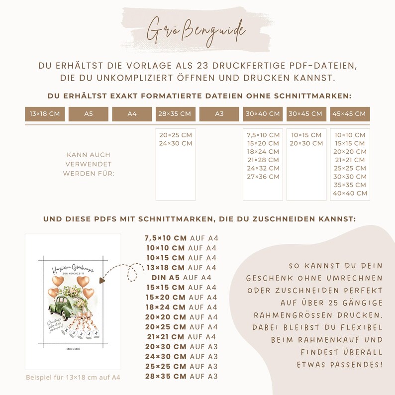 May include: A white chart with size guides for printable PDF files. The chart includes measurements in centimeters, such as 13x18 cm, and lists various paper sizes like A4 and A3. The text includes phrases like "print-ready PDF files."