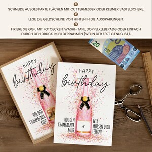 Puede incluir: Dos tarjetas de cumplea&ntilde;os con un dise&ntilde;o de botella de champ&aacute;n rosa y las palabras "Happy Birthday". Una tarjeta est&aacute; enmarcada. Las tarjetas tienen el texto "&iexcl;Saca el champ&aacute;n!" y "&iexcl;Debemos celebrarte!" Se ve un billete de veinte euros.