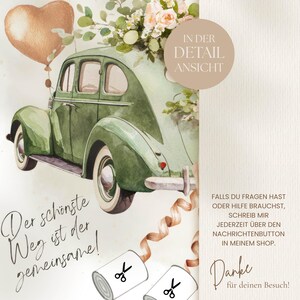 May include: Watercolor illustration of a vintage green car with a heart-shaped balloon. The car is decorated with flowers. Text includes "Der sch&ouml;nste Weg ist der gemeinsame!" and "IN DER DETAIL ANSICHT."