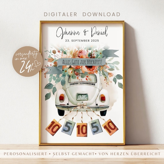 personalisiertes Geldgeschenk Hochzeit | Geschenk für das Brautpaar im Hochzeitsauto | DIY Geschenkidee | Hochzeitsgeschenk Geld PDF Vorlage