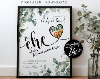 Personalisiertes Geldgeschenk Hochzeit PDF Vorlage, last minute Geldgeschenk zum Ausdrucken, Hochzeitsgeschenk mit Geld Zum Selberbasteln