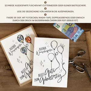 May include: Two white birthday cards with balloon illustrations and the text "Alles Gute zum Geburtstag". One card is framed. A twenty Euro bill, scissors, and a ruler are also visible.