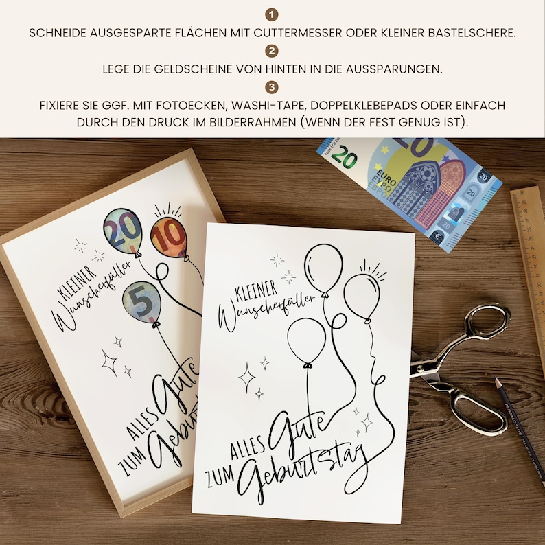 May include: Two white birthday cards with balloon illustrations and the text "Alles Gute zum Geburtstag". One card is framed. A twenty Euro bill, scissors, and a ruler are also visible.