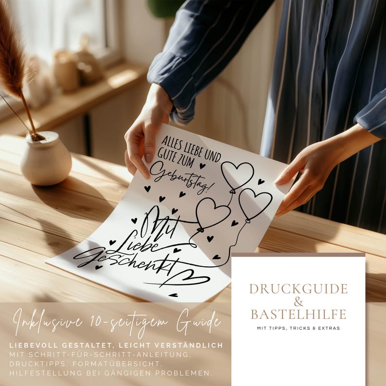 May include: A white card with black calligraphy reading "Alles Liebe und Gute zum Geburtstag!" and "Mit Liebe Geschenkt!" is held by a person. The card features heart-shaped balloon illustrations. A guide with tips and tricks is also visible.