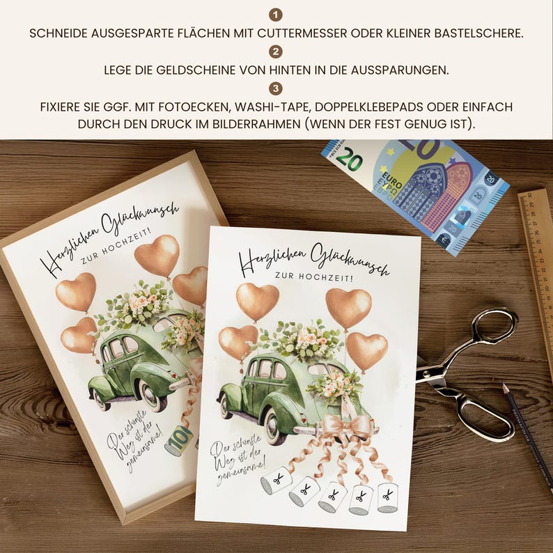 May include: Two wedding cards with a vintage car illustration, heart-shaped balloons, and the text "Herzlichen Gl&uuml;ckwunsch zur Hochzeit!" A twenty Euro bill, scissors, and a ruler are also present.