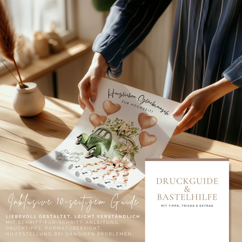 May include: A wedding-themed print featuring a vintage green car decorated with flowers and ribbons, accompanied by heart-shaped balloons. The print includes German text, with additional text at the bottom and a separate guide with tips and extras.