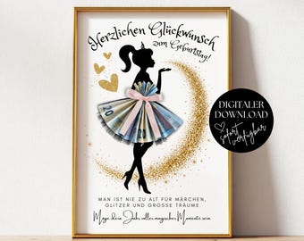 Kreatives Geldgeschenk zum Geburtstag, DIY Geburtstagsgeschenk Geld verpacken 18. Geburtstag Mädchen, Druckvorlage Wunscherfüller für Frauen