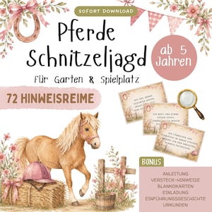 May include: A digital printable horse scavenger hunt kit featuring a light brown horse, a pink riding helmet on a hay bale, a magnifying glass, and three clue cards. The text reads Pferde Schnitzeljagd, ab 5 Jahren, 72 HINWEISREIME, and BONUS.
