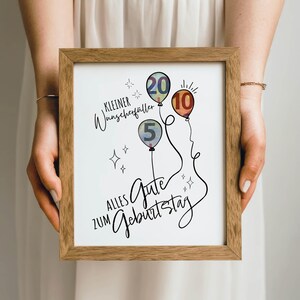 May include: A framed print with a wooden frame. The print features three balloons with the numbers 5, 10, and 20, along with German text. The balloons are in shades of blue, orange, and green. The text includes the phrase "Alles Gute zum Geburtstag."