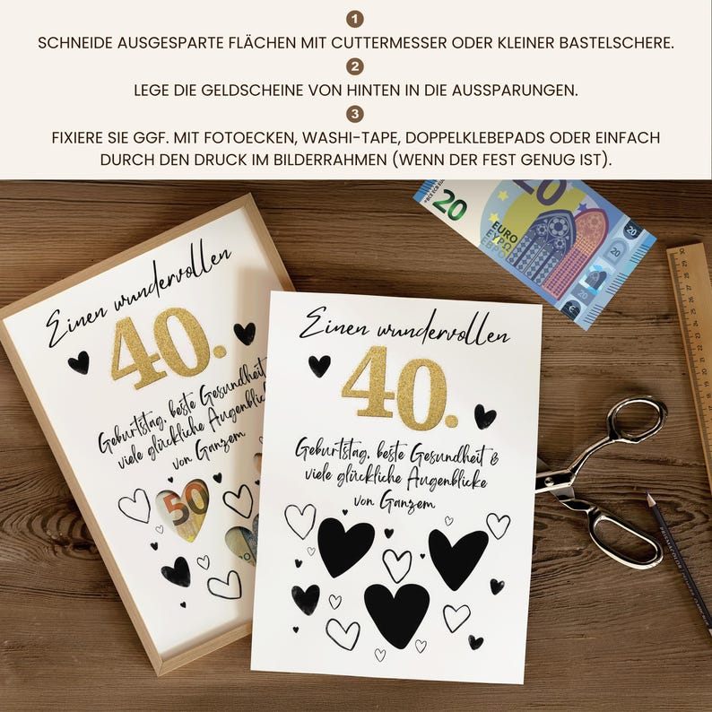 Geldgeschenk 40. Geburtstag PDF Vorlage Sofort Download, Last Minute DIY Geldgeschenk verpacken, Kreative Geschenkidee Runder Geburtstag bild 12