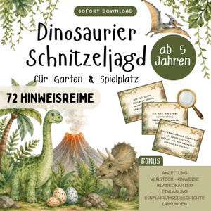 Op de afbeelding: Een digitale speurtochtset met aquarelillustraties van dinosaurussen, een vulkaan en gebladerte. Bevat tekst: Dinosaurier Schnitzeljagd, 72 HINWEISREIME, en bonusmateriaal zoals instructies, blanco kaarten, uitnodigingen en certificaten.