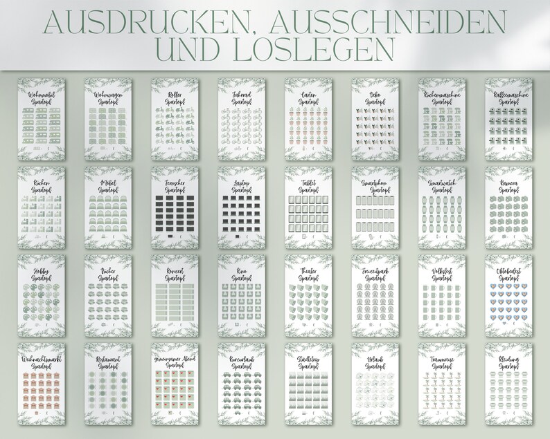 May include: A printable sheet with 40 different categories of items to track, such as "Toiletries", "Smartphone", "Smartwatch", "Books", "Coffee", "Broccoli", "Rice", "Christmas Market", "Restaurant", "Groceries", "Car", "Clothing", "Black", "Farming", "Wedding". Each category has a grid of 25 squares for checking off items.