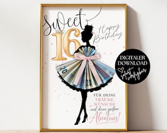 Sweet Sixteen Geldgeschenk Geburstag Mädchen PDF Druckvorlage, Geld Originell Verpacken Geschenk Geburtstag, Sweet 16 Geld Verschenken Idee