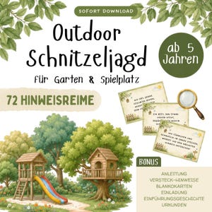 Puede incluir: Un kit de búsqueda del tesoro digital para niños con 72 tarjetas de pistas en alemán, una ilustración de lupa y una escena de parque infantil con una casita de madera y un tobogán. Incluye instrucciones, tarjetas y certificados.