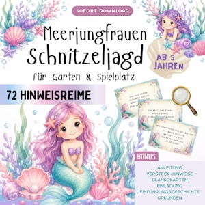 Könnte beinhalten: Ein digitales Schnitzeljagd-Set mit Meerjungfrauen-Illustrationen und Unterwasserwelt, inklusive Texten wie "Meerjungfrauen Schnitzeljagd", "AB 5 JAHREN", "72 HINWEISREIME" und "BONUS". Das Set enthält Hinweis-Karten, eine Lupe und Anleitungen.