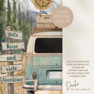 May include: A watercolour illustration of a teal camper van with a roof rack and luggage, positioned next to a wooden signpost with the text "gute Reise und viele Abenteuer". The image includes a compass graphic and German text regarding shop support.