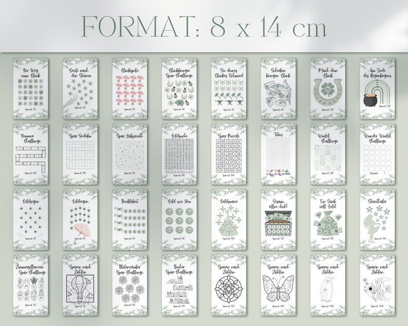 May include: A set of 24 printable game cards featuring various challenges and activities. The cards are designed with a green and white color scheme and feature illustrations of various objects, such as a clover, a pot of gold, and a rainbow. The cards are 8 x 14 cm in size.