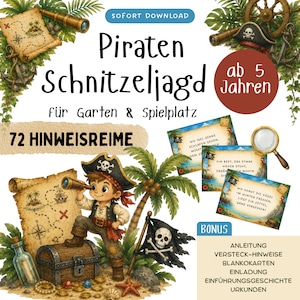 Könnte beinhalten: Ein digitales Piraten-Schnitzeljagd-Set mit einem Cartoon-Piraten, Schatztruhe, Karte und Palmen. Der Text umfasst Piraten Schnitzeljagd, 72 HINWEISREIME sowie eine Liste von Bonusinhalten wie Anleitung, Blankokarten, Einladung und Urkunden.