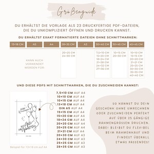 May include: A white and beige chart with size guides for printing PDF files. The chart includes measurements in centimeters and lists various paper sizes, such as A4, A3, and A5, with corresponding dimensions. Text in German is present.