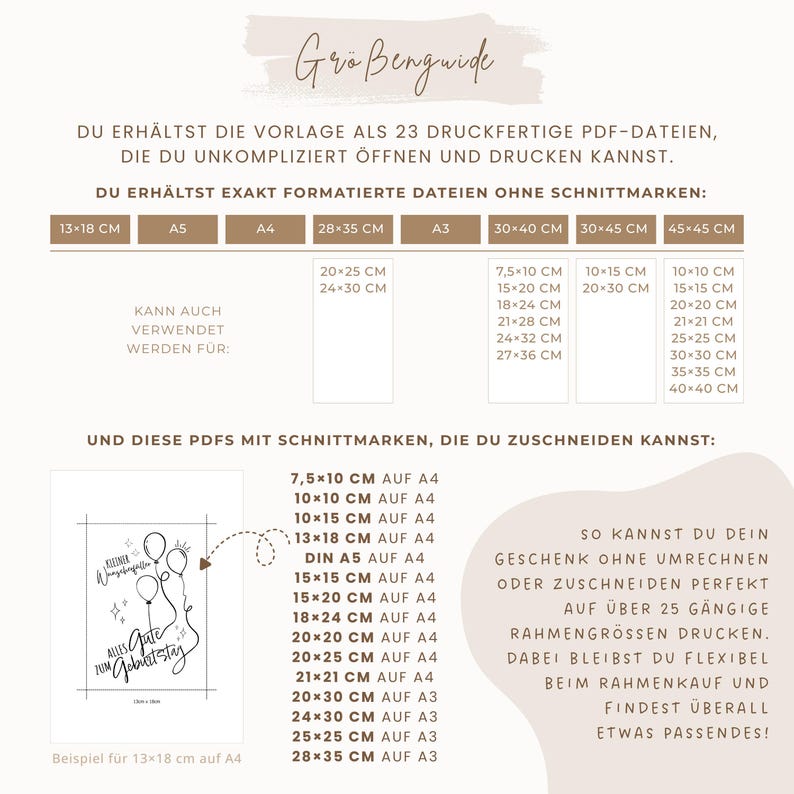May include: A white and beige chart with size guides for printing PDF files. The chart includes measurements in centimeters and lists various paper sizes, such as A4, A3, and A5, with corresponding dimensions. Text in German is present.