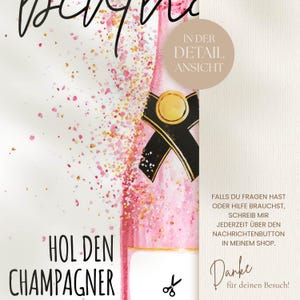 Puede incluir: Ilustraci&oacute;n de una botella de champ&aacute;n rosa con una cinta negra y detalles dorados. Las palabras "Hold Den Champagner" son visibles. El fondo presenta confeti y texto en alem&aacute;n.