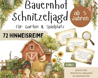 Bauernhof Schnitzeljagd Kinder 5-8 Jahre | Outdoor Schatzsuche zum Ausdrucken | PDF Partyspiel Kindergeburtstag | 72 Hinweiskarten Reimform