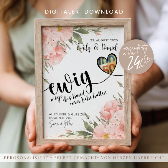 Personalisiertes Hochzeitsgeschenk Geld Zum Selberbasteln, DIY Vorlage Last Minute Geschenk, kreatives Geldgeschenk Hochzeit PDF Download
