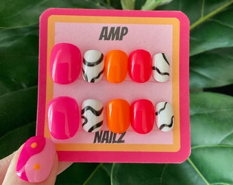 Hand painted neon pink and orange summer press ons,y2k, press on nails,orange nails,pink nails,black and white, mismatched nail,cool design