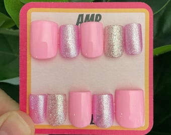 Hand painted pink mismatched nails press on nails, summer,y2k  press on nails, summer nails, vacation nails, glitter nails, pink glitter