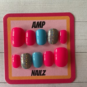 Hand painted  pink and blue neon holographic silver glitter press on nails,pink nails, neon nails,glitter gel nails,summer nails