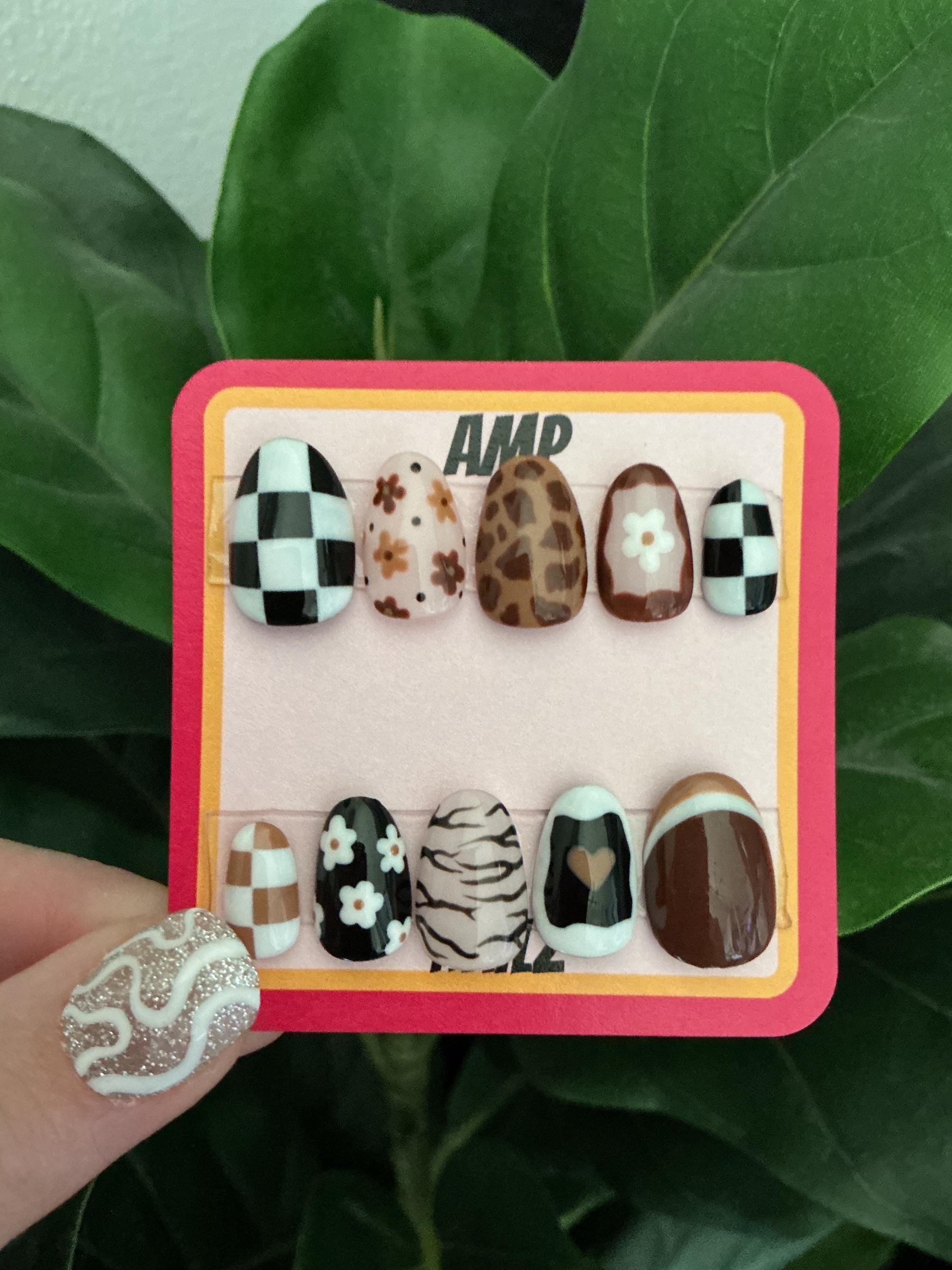 Fall Mismatched Brown and Black Press on Nail Set, Fall Flower