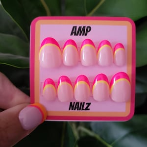 Hand painted neon pink neon yellow French tip Barbie inspired nails, neon nails, French tip nails, pink nails