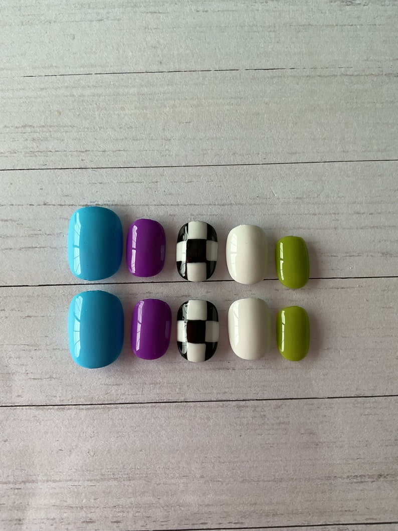 Hand Painted Solid Checkered Blue Press on Nails, Blue Nails, Checkered ...
