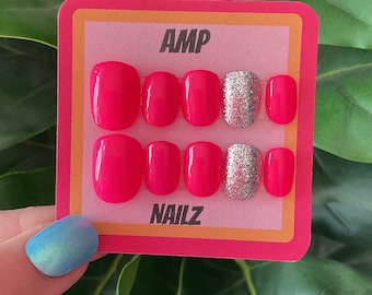 Hand painted neon pink glitter press on nails,pink nails, solid nails,glitter gel nails,summer nails,glue on nails,stick on nails