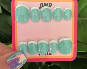 Hand painted blue glitter white French press on nails, glitter nails, French nail tips