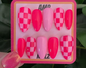 Hand painted pink checkered mismatched press on nails,checkered nails,y2k nails,pink press on nails, neon pink nails