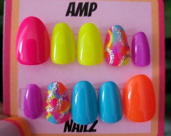 Hand painted neon pink neon yellow neon neon blue,  french tip Barbie inspired nails,Barbie nails,neon nails,french tip nails,pink nails