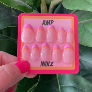 Hand painted neon pink and orange french tip press on Nails, pink nails, orange nails,summer,y2k  press on nails,apring nails,