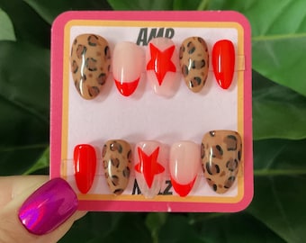 Hand painted leopard and red star press on nails, red nails, star nails, cheetah nails, mismatched nails, press on nails