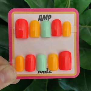 Hand painted  coral red, yellow, mint solid press on nail set, summer nails, solid press on nails, spring press on nails, mismatched nails
