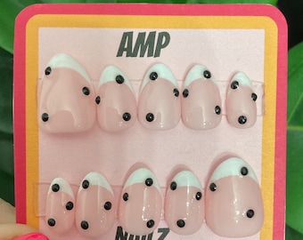 Hand painted white French tips with black rhinestones, press on nails,white French tips, rhinestone nails,embellished nails,bling nails