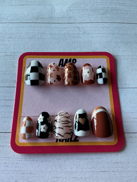 Fall Mismatched Brown and Black Press on Nail Set, Fall Flower