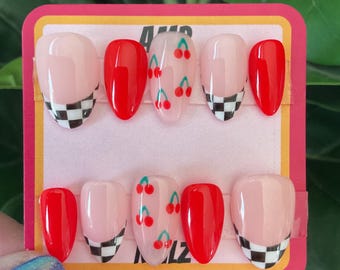 hand painted red mismatched checkered cherry nails, y2k press on nails, checkered press on nails, cherry press on nails, red nails