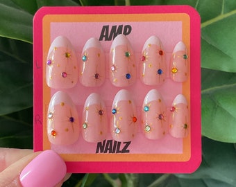 Hand painted white French starburst press on nails,gel nails, star nails, colorful nails,rhinestone nails,