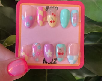 Hand painted  colorful pastel mismatch, press on nails, spring gel nails, custom nails, cherry nails,y2k