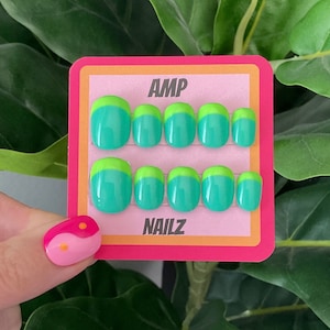 Hand painted neon green french tip aqua press on nails, green nails, french tip, gel nails, press ons, colorful nails, summer nails, neon