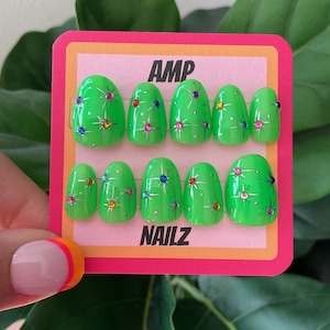 Hand painted nails neon green starburst press on nails,gel nails, star nails, coloeful nails,rhinestone nails,bright nails