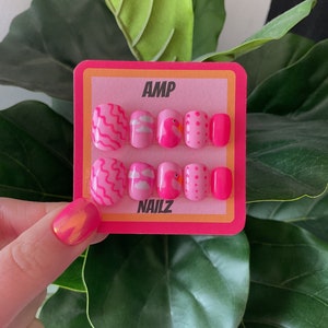 Hand painted neon pink mismatched nails press on nails, summer,y2k  press on nails,summer nails,vacation nails,neon nails,flamingo nails