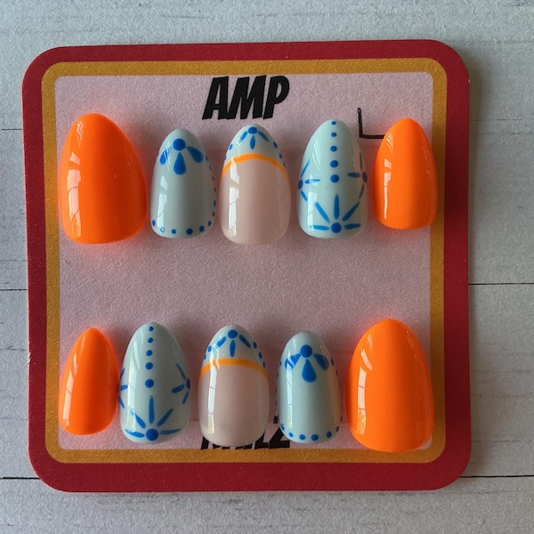 Uñas postizas estilo griego azul y naranja, uñas de verano, uñas de colores brillantes, uñas postizas personalizadas, uñas azules, uñas naranjas